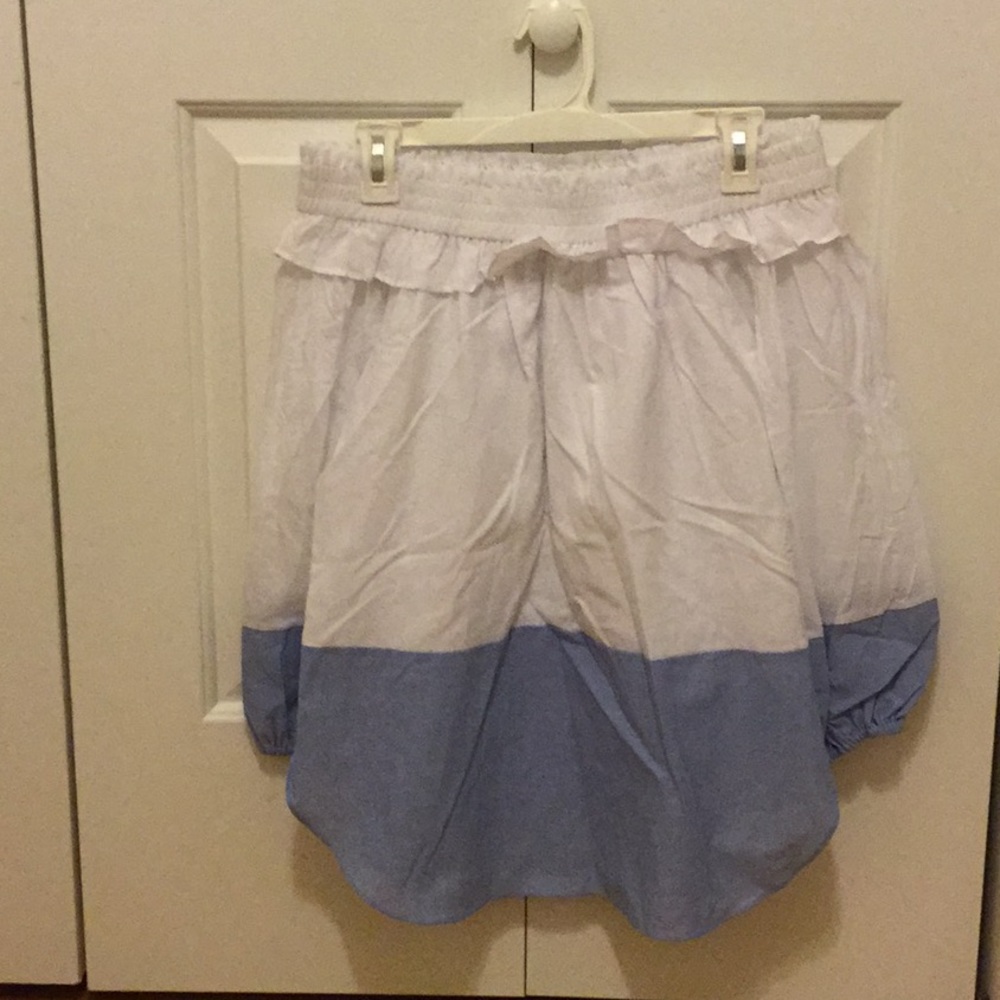 off the shoulder white chambray blouse